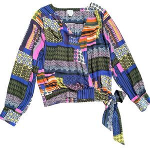 Peyton Jensen Women's M Evereve Cora Patchwork V-Neck Tie Long Sleeves Wrap Top